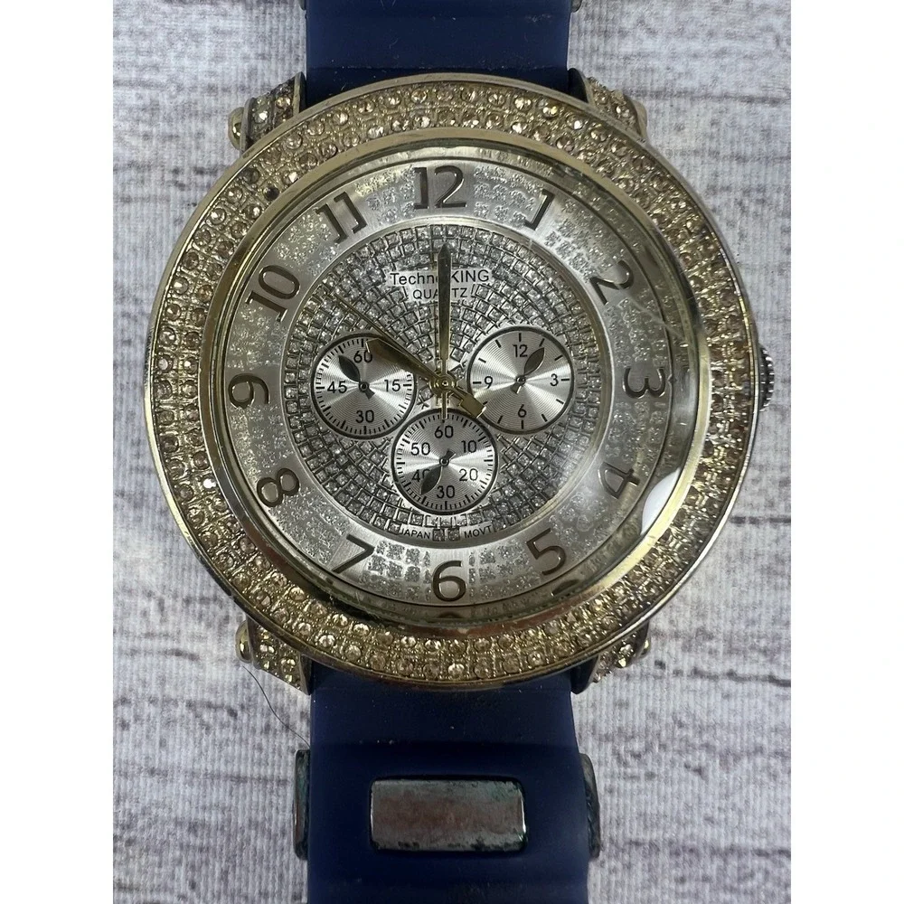 VTG‎ Techno King Quartz Watch Blue Silicone Band Rhinestone Bezel For Parts